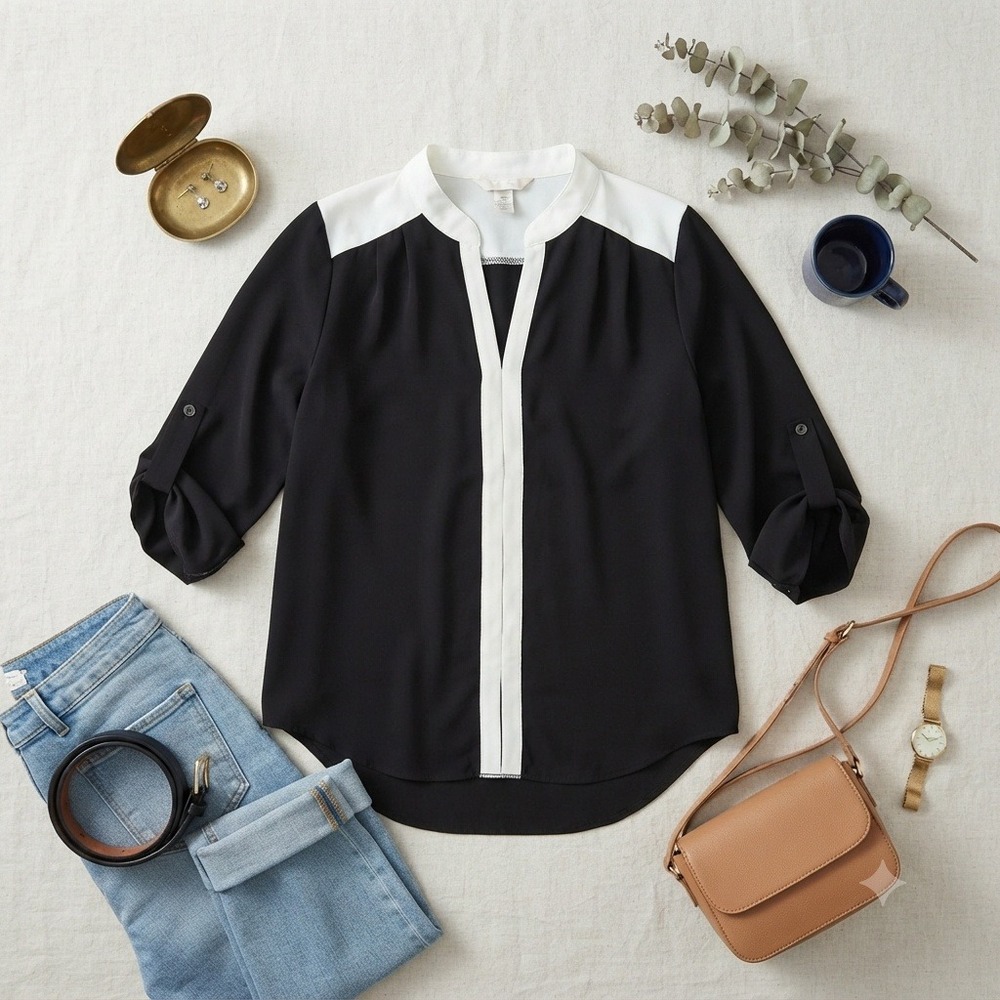 Birdcage Womens Black White Colorblock Split Neck Roll Tab Sleeve Blouse Small